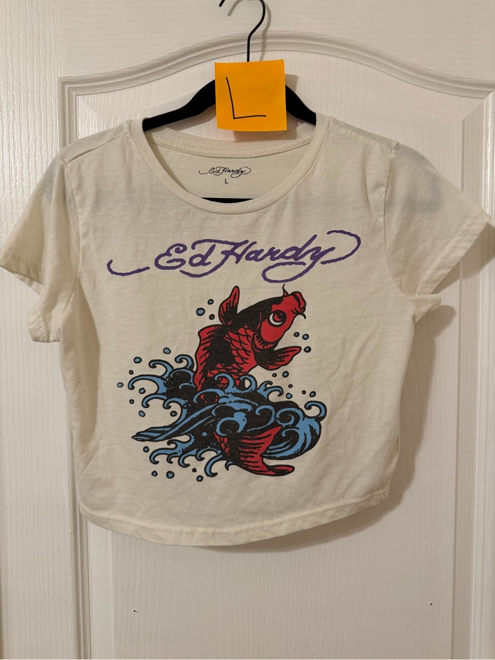 Ed Hardy Cream Crop Top with Red Koi and Blue Wave Graphic